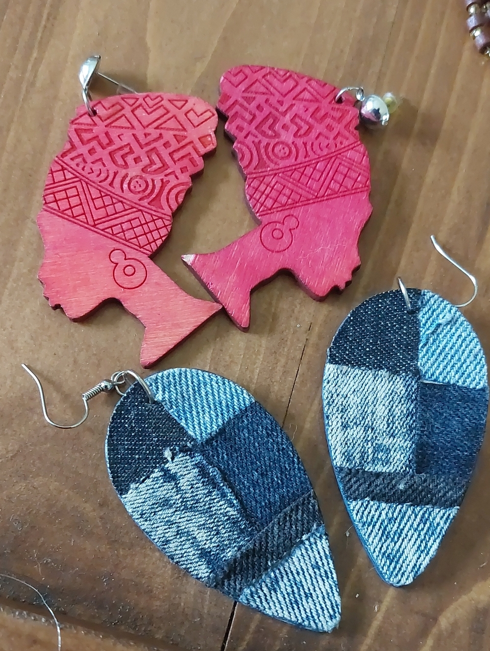 Boho Pink African Queen Wood Dangle Earrings Denim Statement Lot